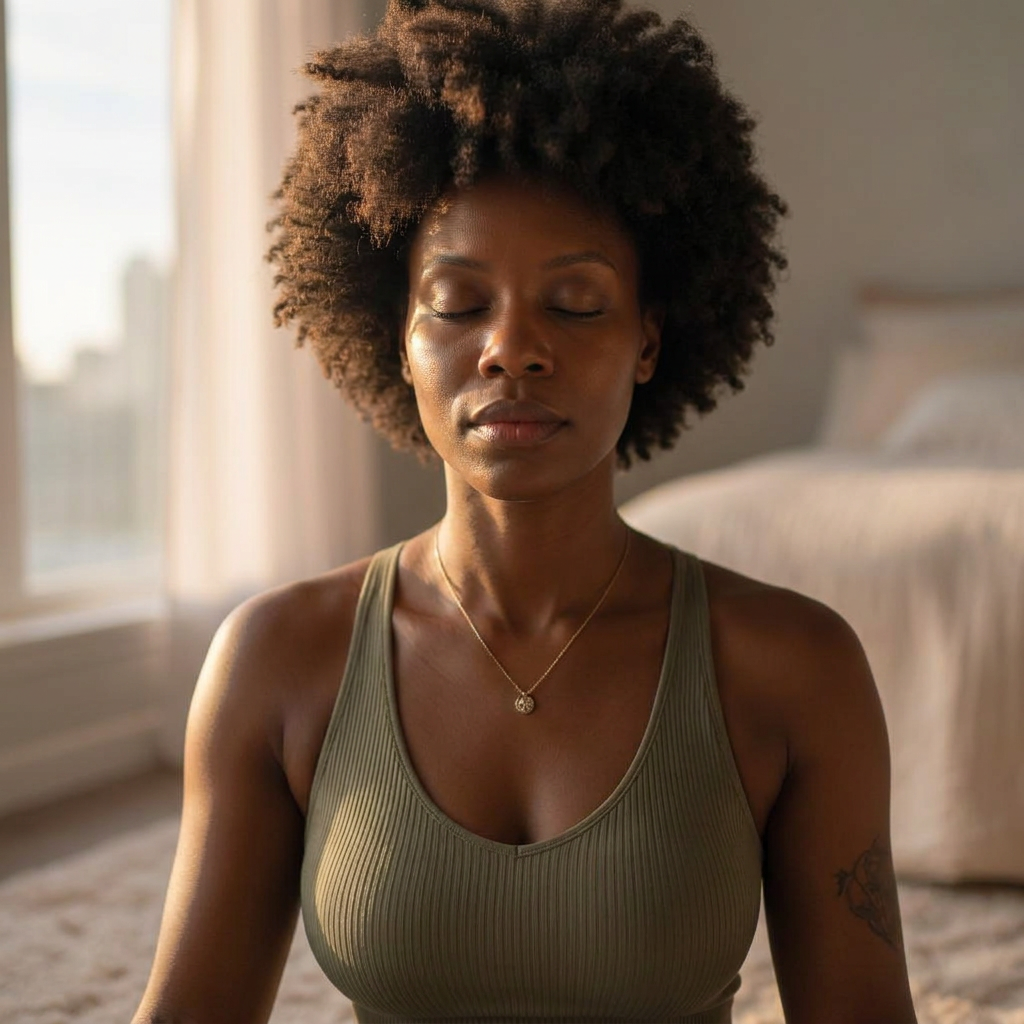 Black woman sitting cross-legged by a window at dawn with her eyes closed