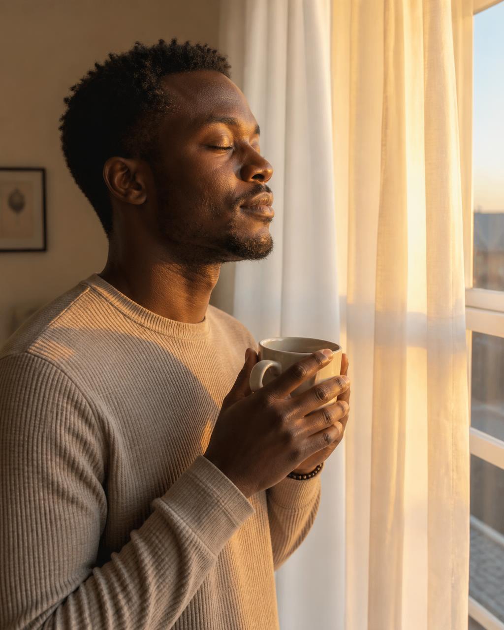 Black man standing in morning sunlight holding a warm mug with his eyes closed